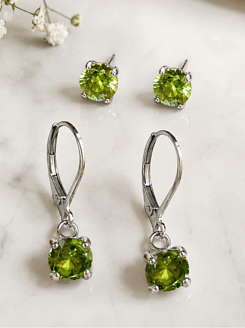 NEW Peridot Green Gemstone Hypoallergenic Stainless Steel Earrings Set